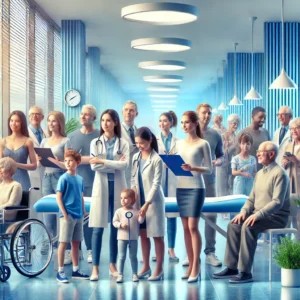 DALL·E 2024 12 14 01.10.51 A more realistic and naturalistic image representing healthcare check ups at different life stages with vibrant colors like blue. The scene should fe