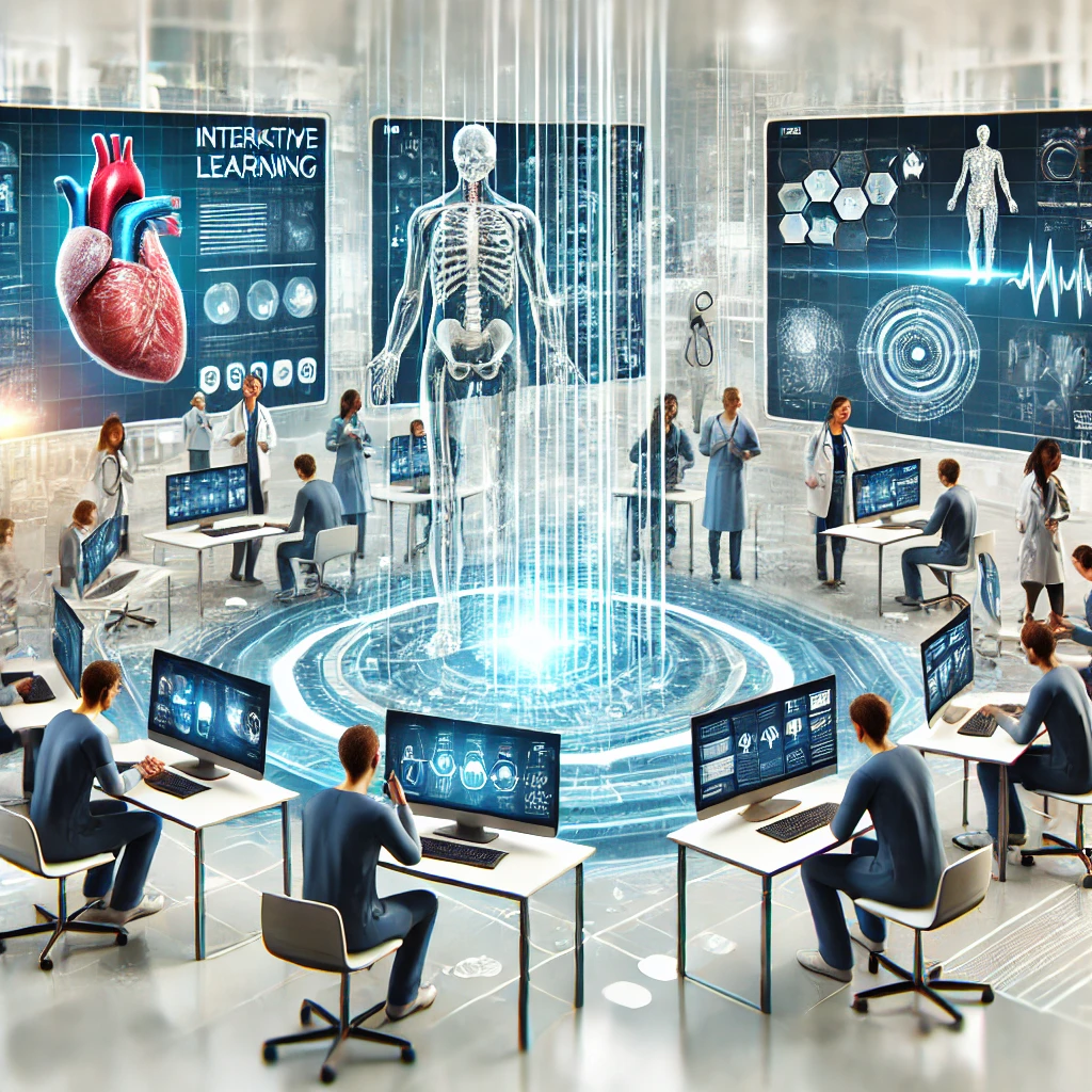 DALL·E 2024 12 23 22.45.34 A futuristic and dynamic illustration showcasing virtual learning environments in medical education. The image should feature a group of medical stude
