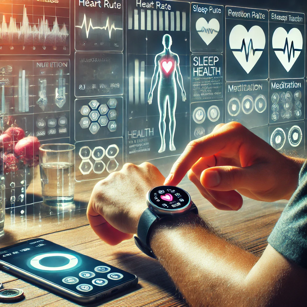 DALL·E 2024 12 24 10.41.58 An image showcasing the concept of digital self care with a focus on technological tools for personal health. The scene should depict a person using a