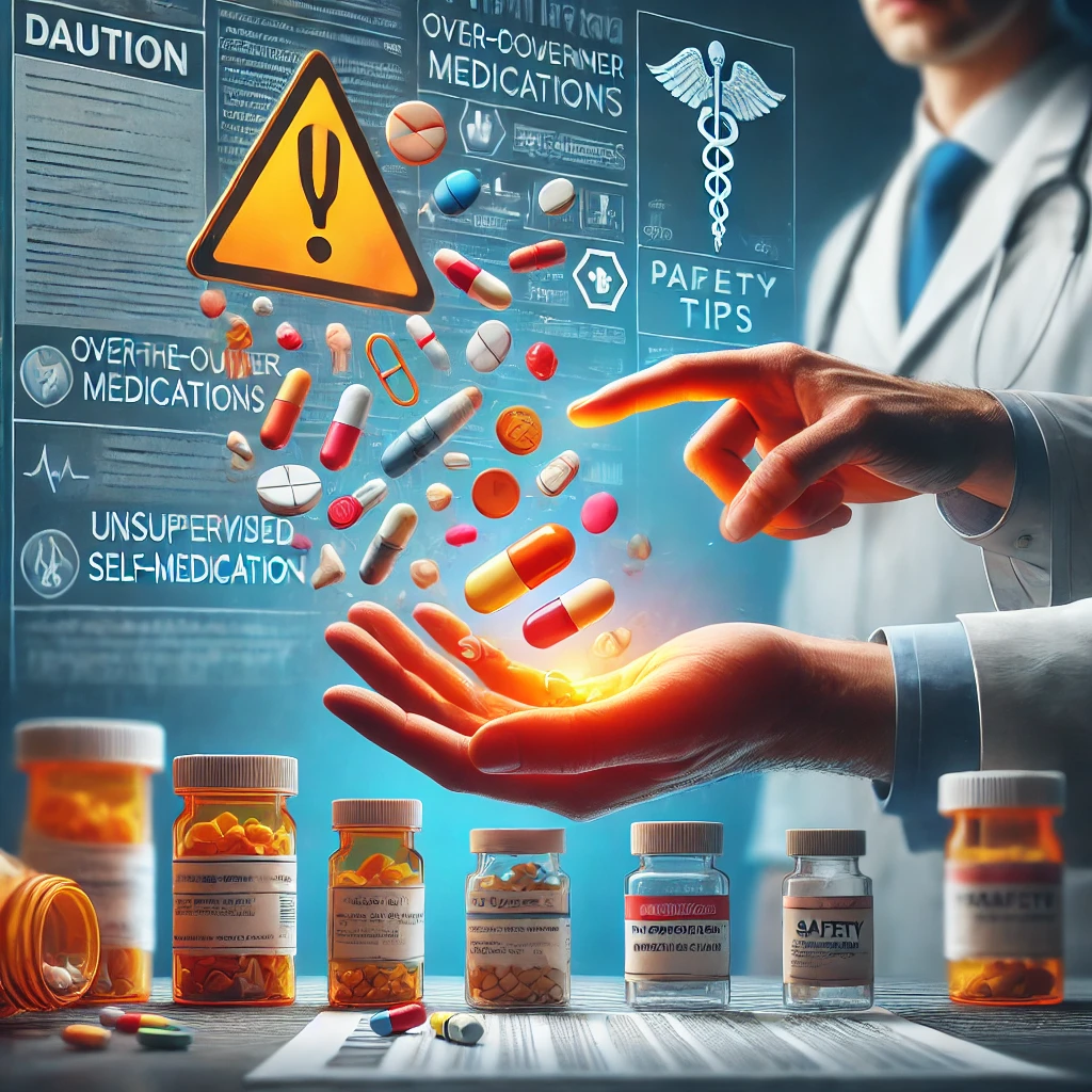 DALL·E 2024 12 24 11.04.31 An image illustrating the concept of self medication showing the risks and necessary precautions. The scene depicts a person holding a variety of ove
