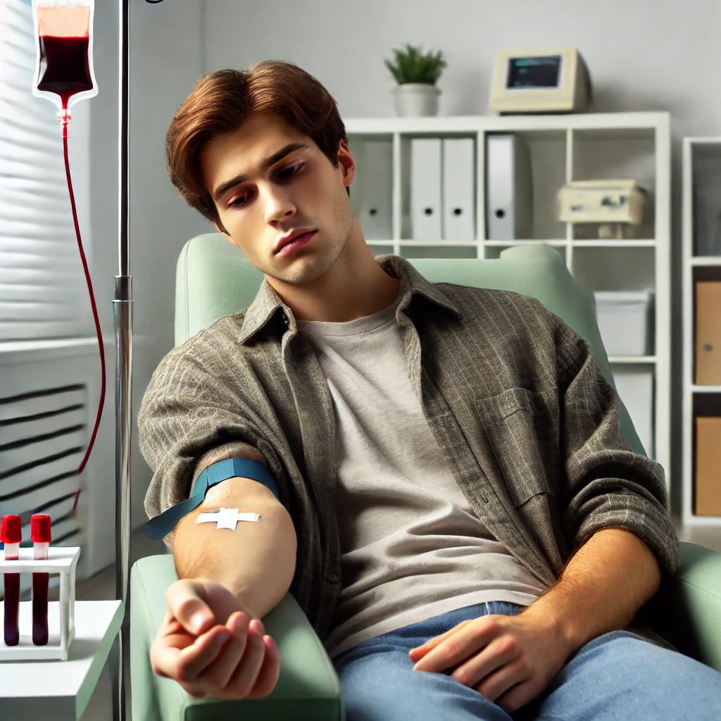 DALL·E 2024 12 27 13.26.36 A fatigued person sitting in a medical office looking tired and pale with a blood collection needle in their arm. The setting has a clinical atmosph