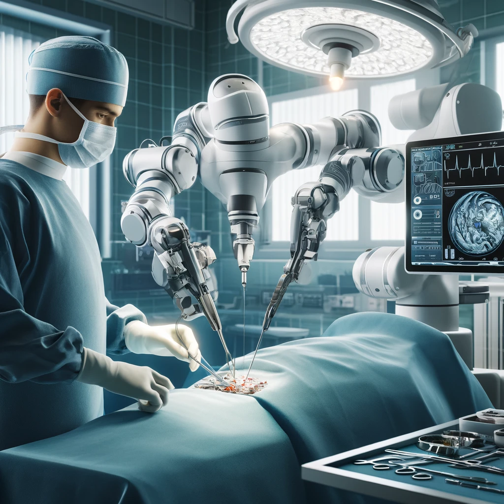 Sistema robótico assistindo um cirurgião durante uma cirurgia complexa. O braço robótico controla as ferramentas cirúrgicas com alta precisão, enquanto o cirurgião observa a operação em uma tela. O ambiente é de alta tecnologia, com equipamentos médicos avançados e iluminação clara.