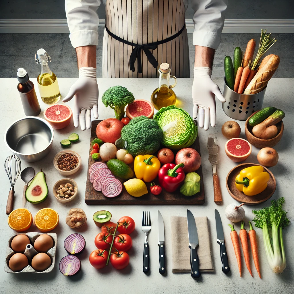 Profissional manipulando alimentos frescos com luvas e avental em um ambiente de cozinha seguro e higienizado, com boa organização e utensílios de cozinha visíveis, representando práticas de biossegurança alimentar.