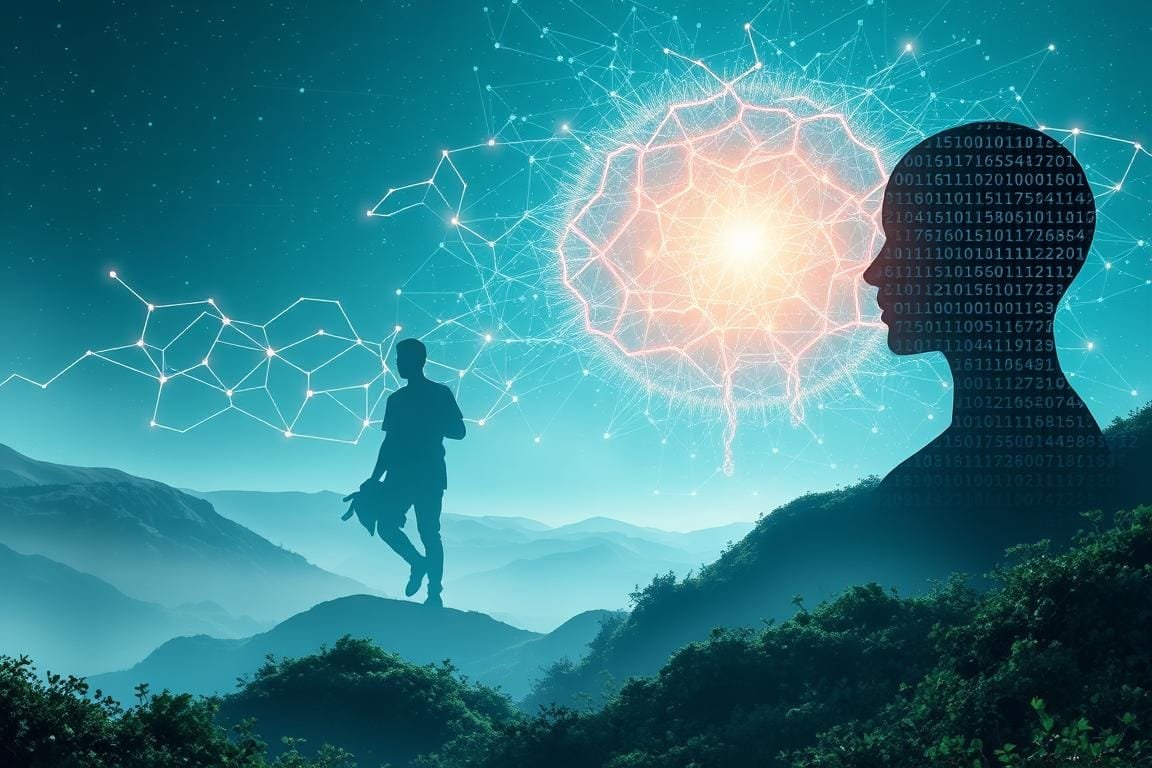 Imagem digital representando a interseção entre saúde mental e inteligência artificial. Um cérebro humano no centro, com conexões neurais futurísticas e brilhantes se estendendo, simbolizando a influência da IA. Ao redor, símbolos abstratos de transtornos mentais, como ansiedade, depressão e estresse, mesclados com elementos tecnológicos como telas de computador e fluxos de dados.