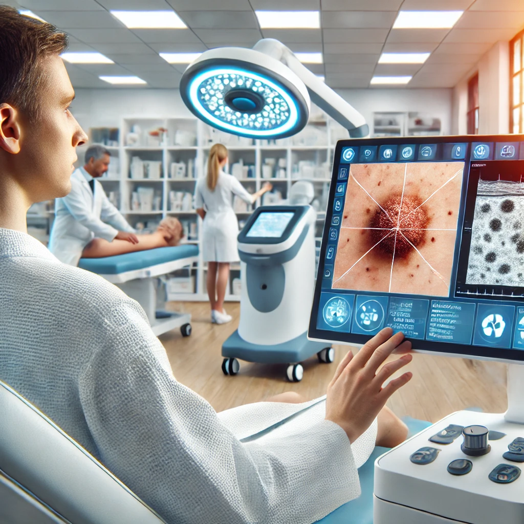 Dermatologista utilizando tecnologia avançada de imagem para examinar a pele de um paciente, destacando uma pinta suspeita em uma tela digital.