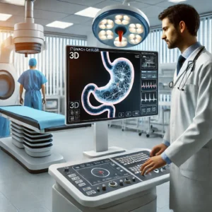 Médico examinando uma tomografia 3D do estômago de um paciente em uma tela digital, com equipamentos avançados de diagnóstico como uma máquina de endoscopia e dispositivos de radioterapia ao fundo.