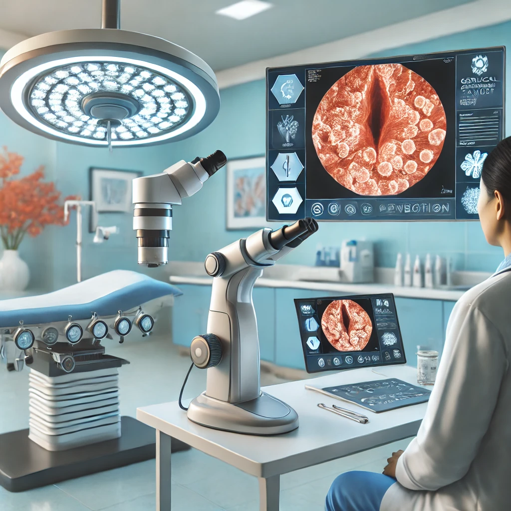 Profissional de saúde usando um colposcópio avançado para examinar a cervix de uma paciente, com imagens digitais exibindo detalhes do exame.