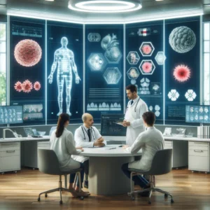 Clínica de oncologia moderna com médicos discutindo o plano de tratamento com um paciente, enquanto telas digitais exibem tipos de células cancerígenas e opções de tratamento.