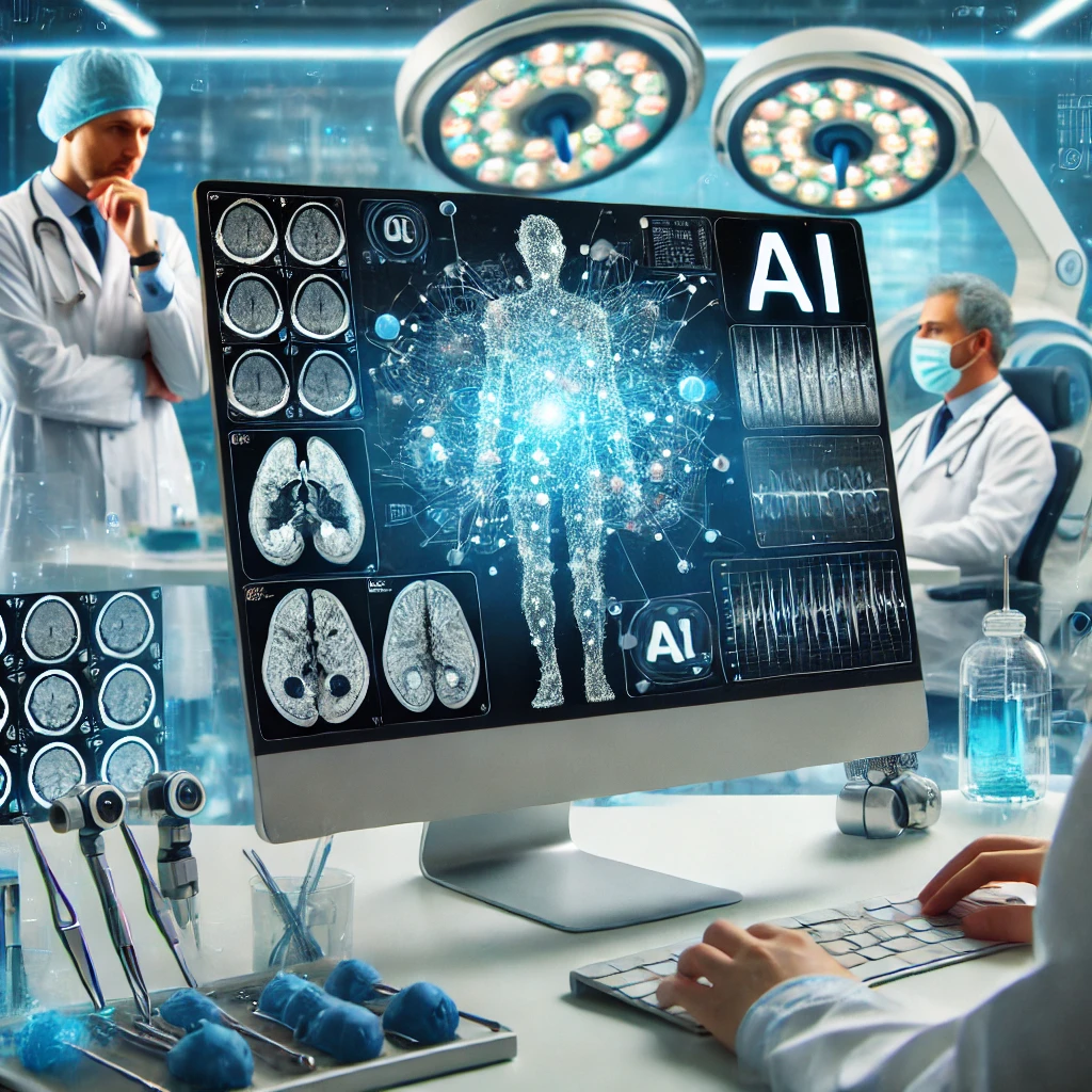 Cientistas analisando dados com algoritmos de IA, enquanto a tela exibe imagens médicas como tomografias e ressonâncias magnéticas, destacando o uso da IA no diagnóstico e tratamento do câncer.