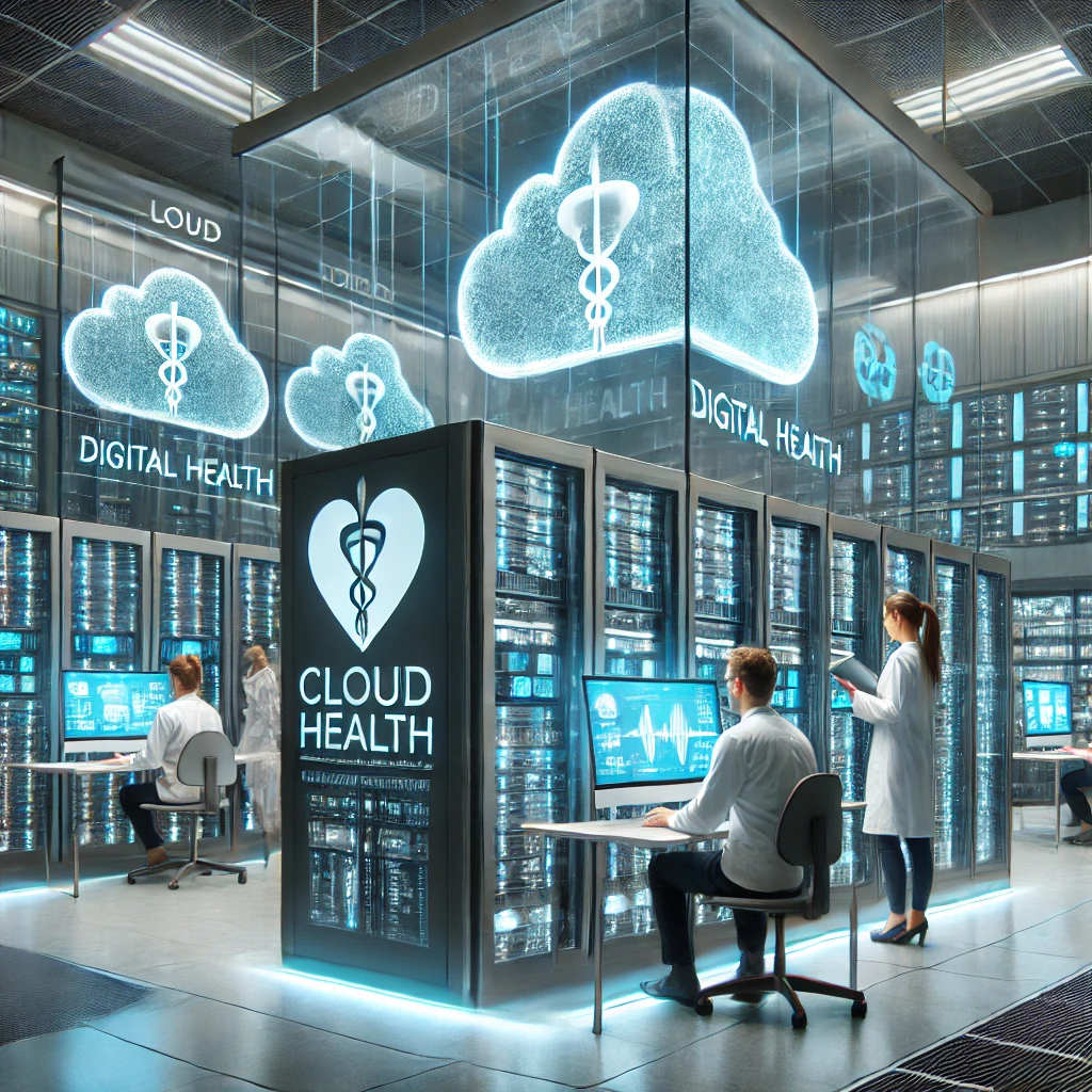 Profissionais de TI trabalhando em um data center de saúde digital, monitorando servidores e sistemas de armazenamento em nuvem para gerenciar dados de saúde de forma segura.
