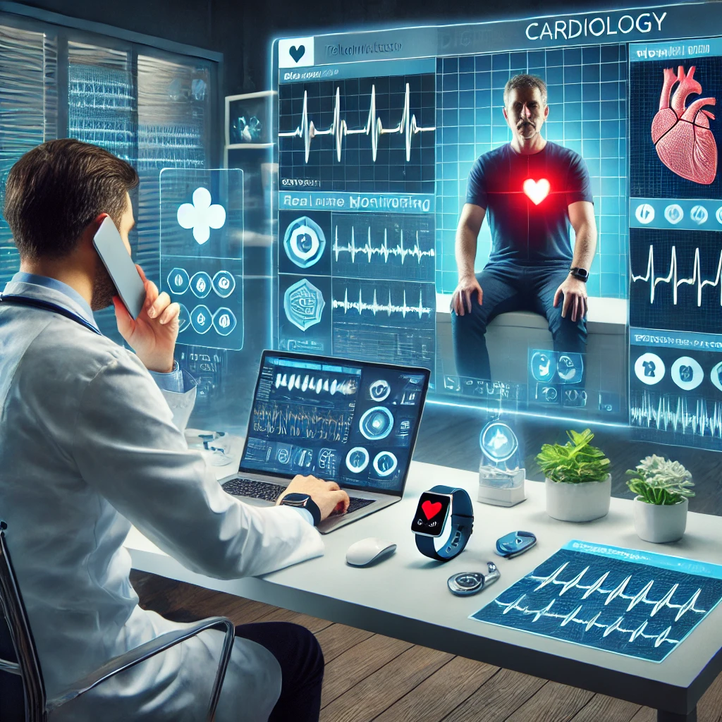 Médico monitorando remotamente a saúde cardíaca de um paciente usando dispositivos vestíveis e ferramentas digitais, com dados de saúde em tempo real exibidos na tela.