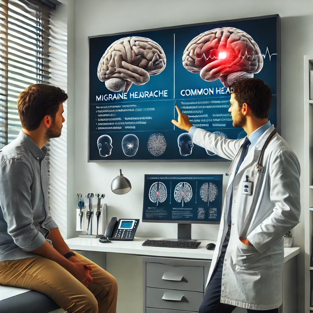 Médico explicando as diferenças entre enxaqueca e dor de cabeça comum para um paciente, com diagramas do cérebro mostrando as áreas afetadas.