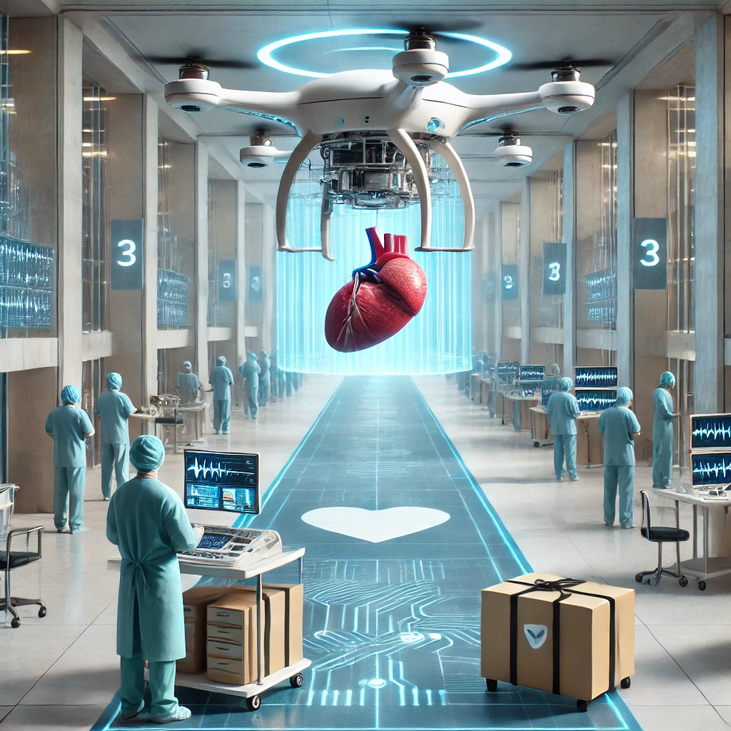 Drone realizando transporte seguro de órgãos e medicamentos em ambiente hospitalar.