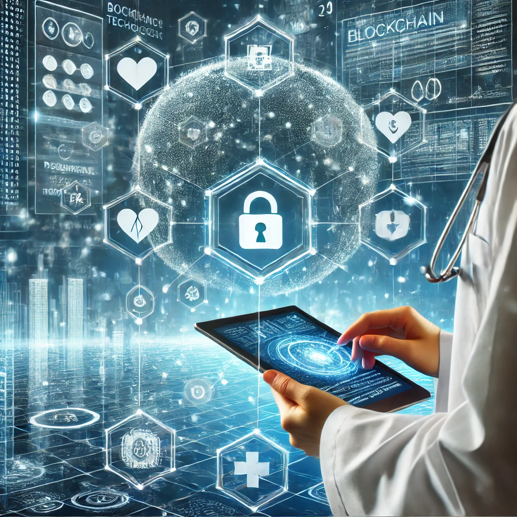 Configuração futurista de e-saúde com blockchain, mostrando um profissional acessando registros médicos em um tablet, com hologramas de dados criptografados.